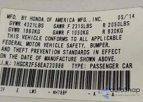 2014 Honda Accord Sport z USA, uszkodzony, nr VIN 1HGCR2F58EA230986